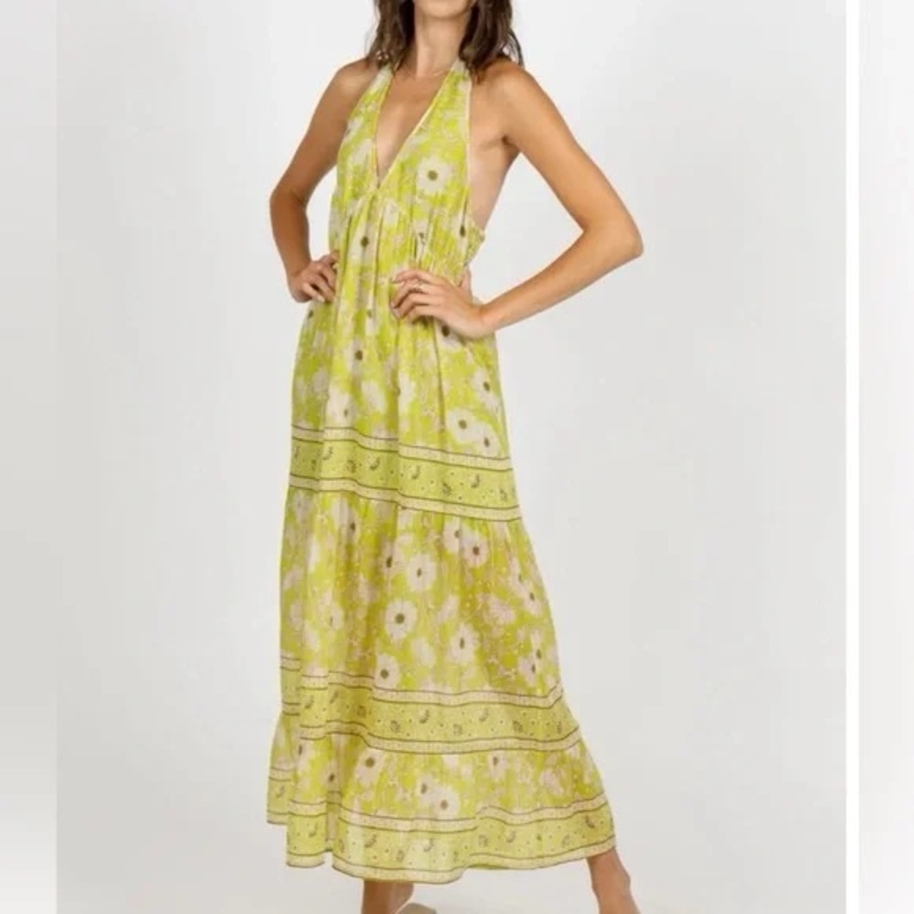 KEAHI LIME FLORAL HALTER MAXI Sun DRESS Band of  Free open back